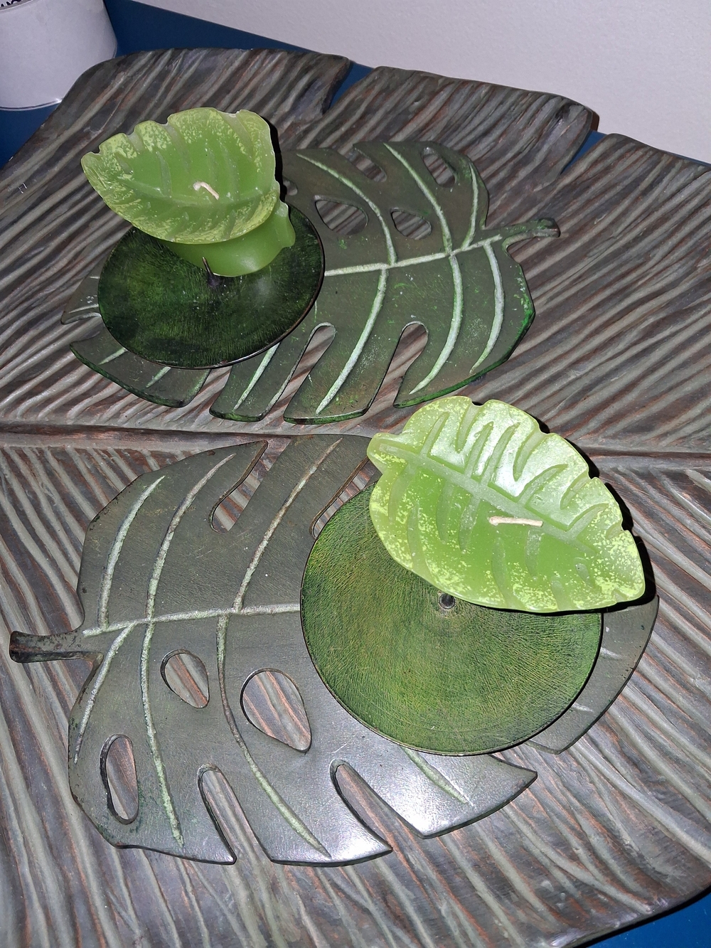 Large Iron Metal Monstera Leaf Candle Holders - Green and Brown Finish
